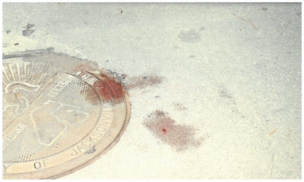 Blood spatter on the manhole cover, where Monique collapsed after her escape from the woods. Photo taken by the Jacksonville Police photographer.