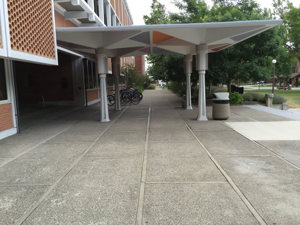 The walkway that runs in front of the library at CWSC, where Bundy was hunting for victims on April 17, 1974.