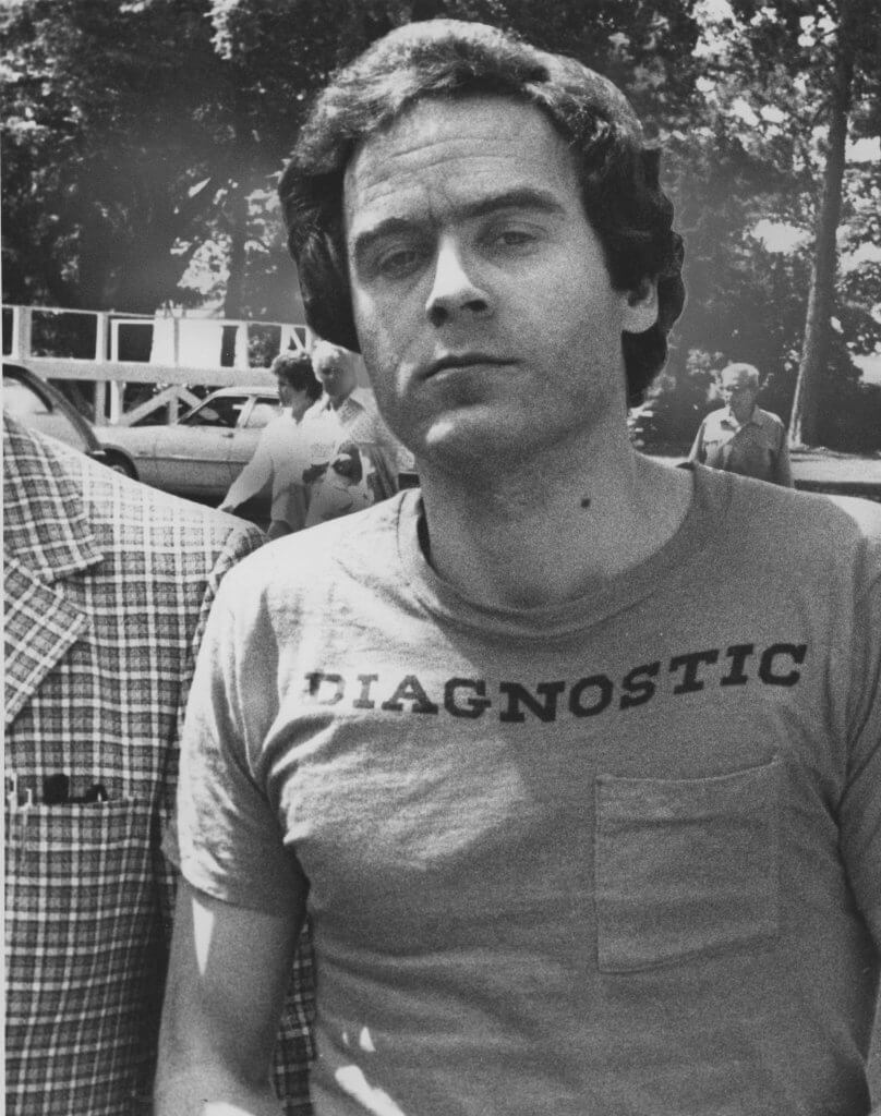 Ted Bundy, in the hands of Utah law enforcement, 1976. Photo from the Salt Lake Tribune