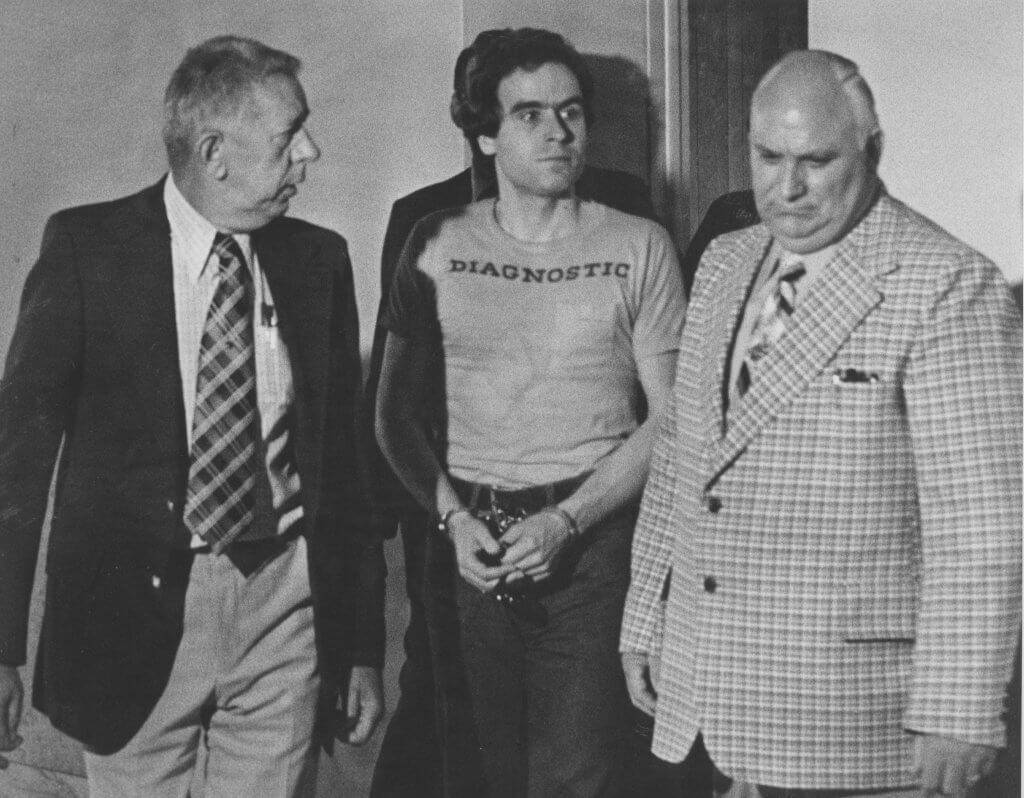 Ted Bundy being led to jail in Utah, 1976. Photo from the Salt Lake Tribune