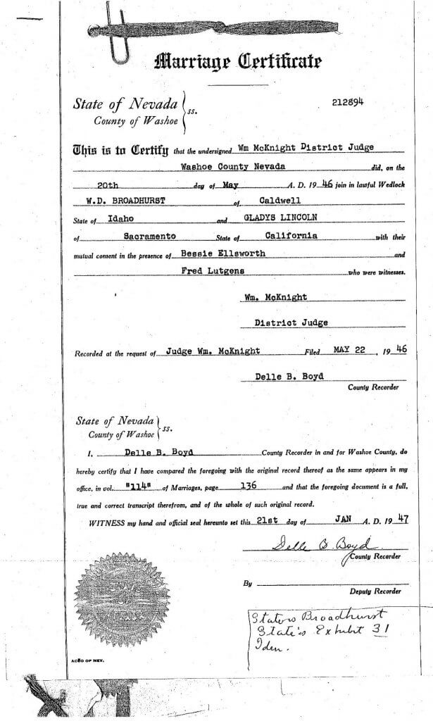 OFFICIAL MARRIAGE CERTIFICATE - GLADYS - WILLIS