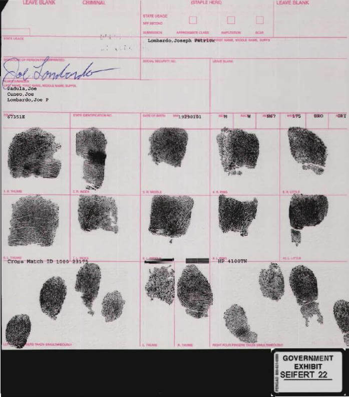 Family Secrets Trial – Government Exhibit #22 (fingerprints of Joey "the Clown" Lombardo)