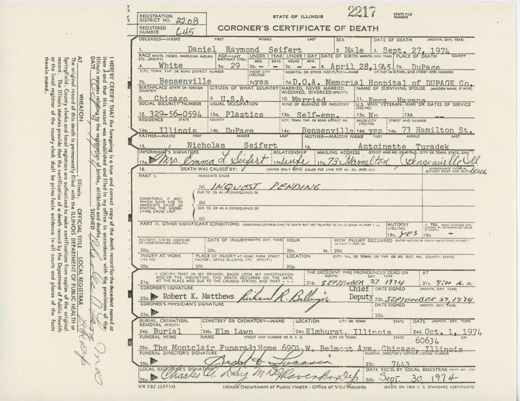Family Secrets Trial – Government Exhibit #30 (Daniel Seifert's death certificate)